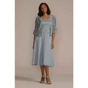 LE BOS Women's Tea Length Sequin Lace and Chiffon Jacket Dress Size 14